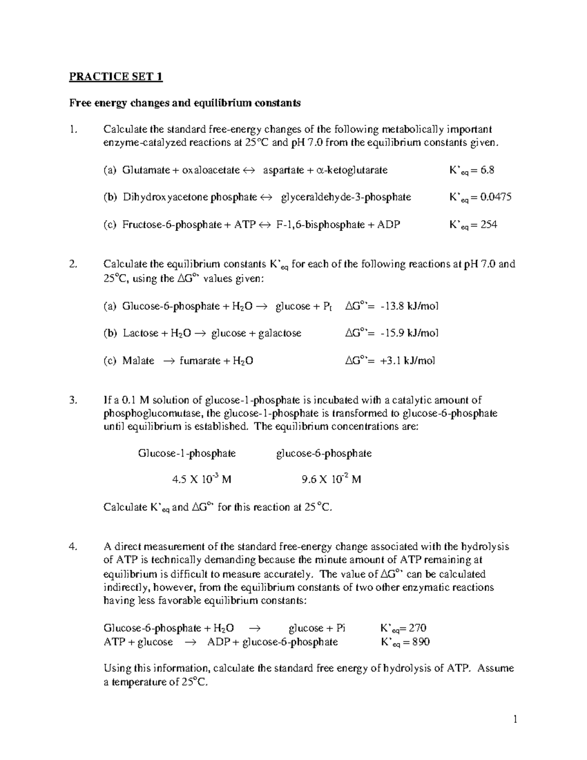 Taller Termodinámica Resuelto - PRACTICE SET 1 Free energy changes and ...