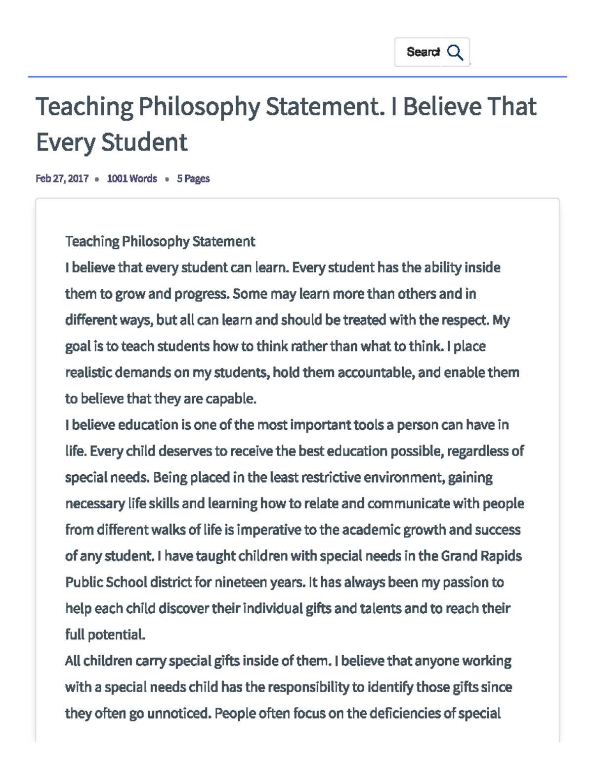 Teaching Philosophy Statement. I Believe That Every Student - Bachelor ...