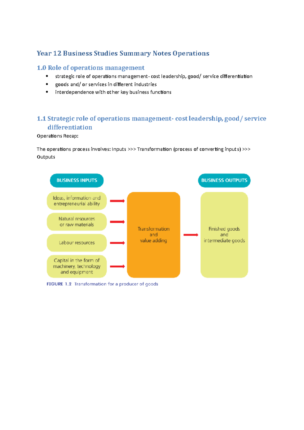 Year 12 Business Studies Operations Summary Notes - Year 12 Business ...