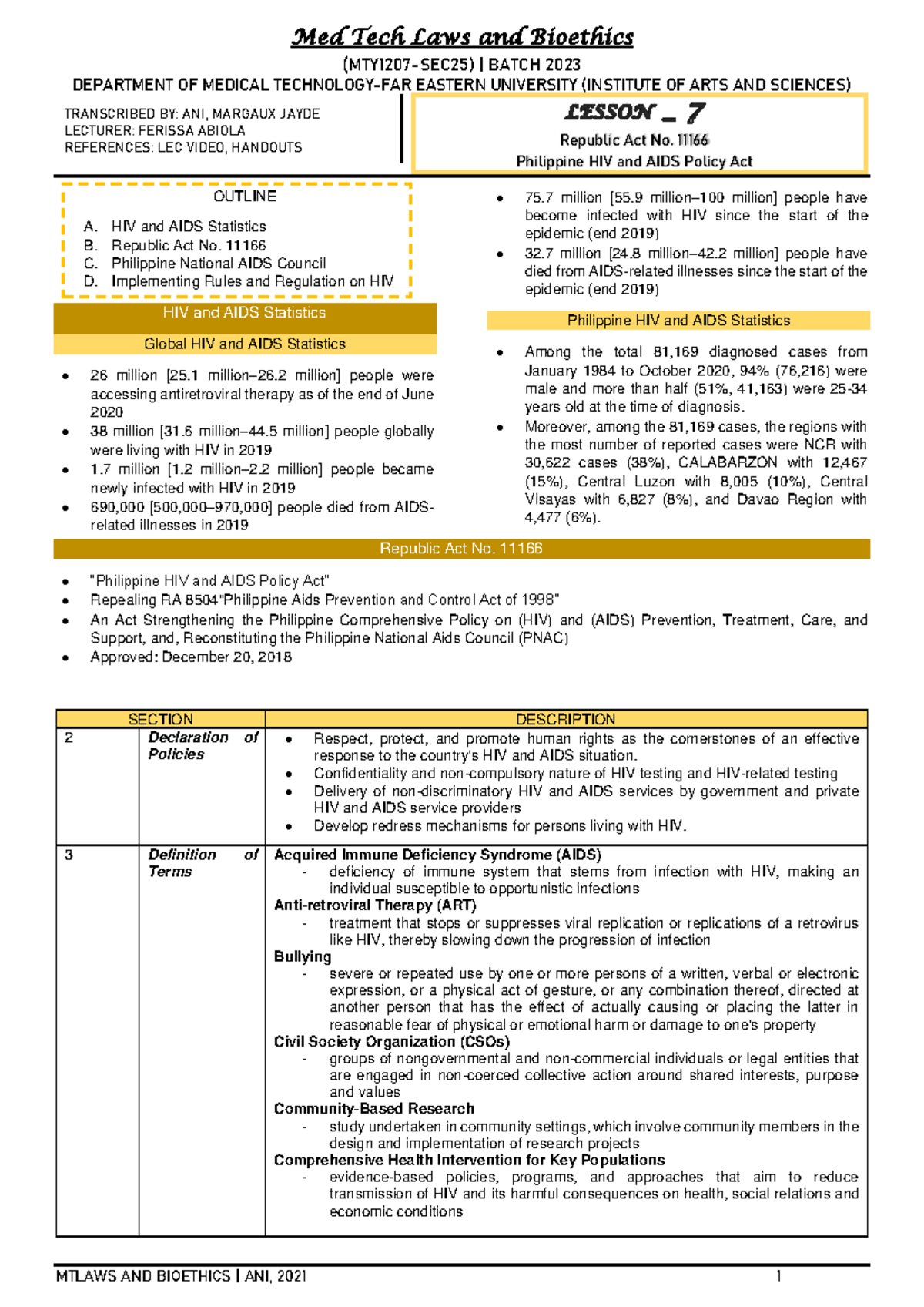 Lesson 7 Republic Act No 11166 Philippine HIV and AIDS Policy Act - Med ...