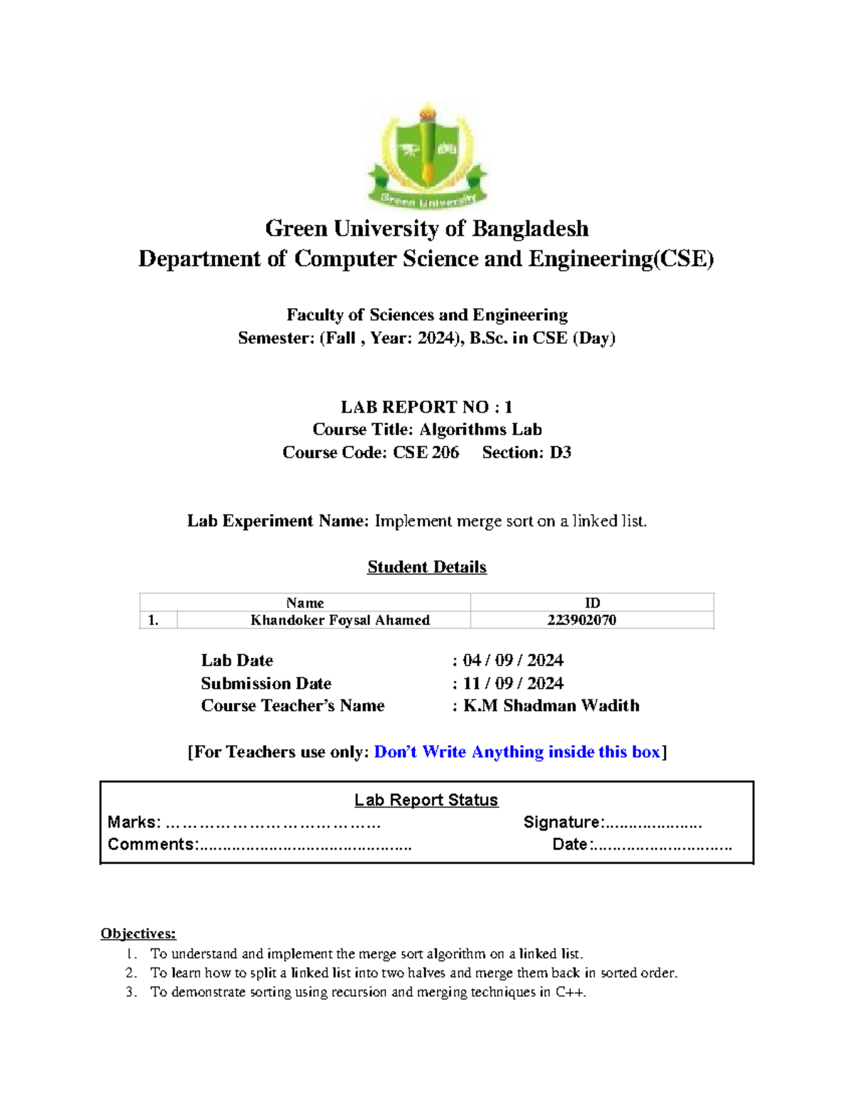 206-lab-1 - follow more - Green University of Bangladesh Department of ...