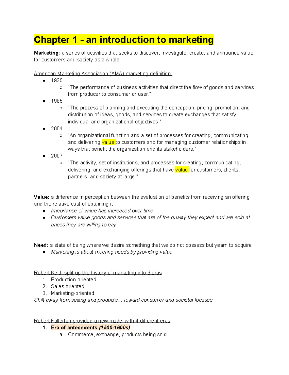 ADMS 2200 notes - Chapter 1 - an introduction to marketing Marketing: a ...