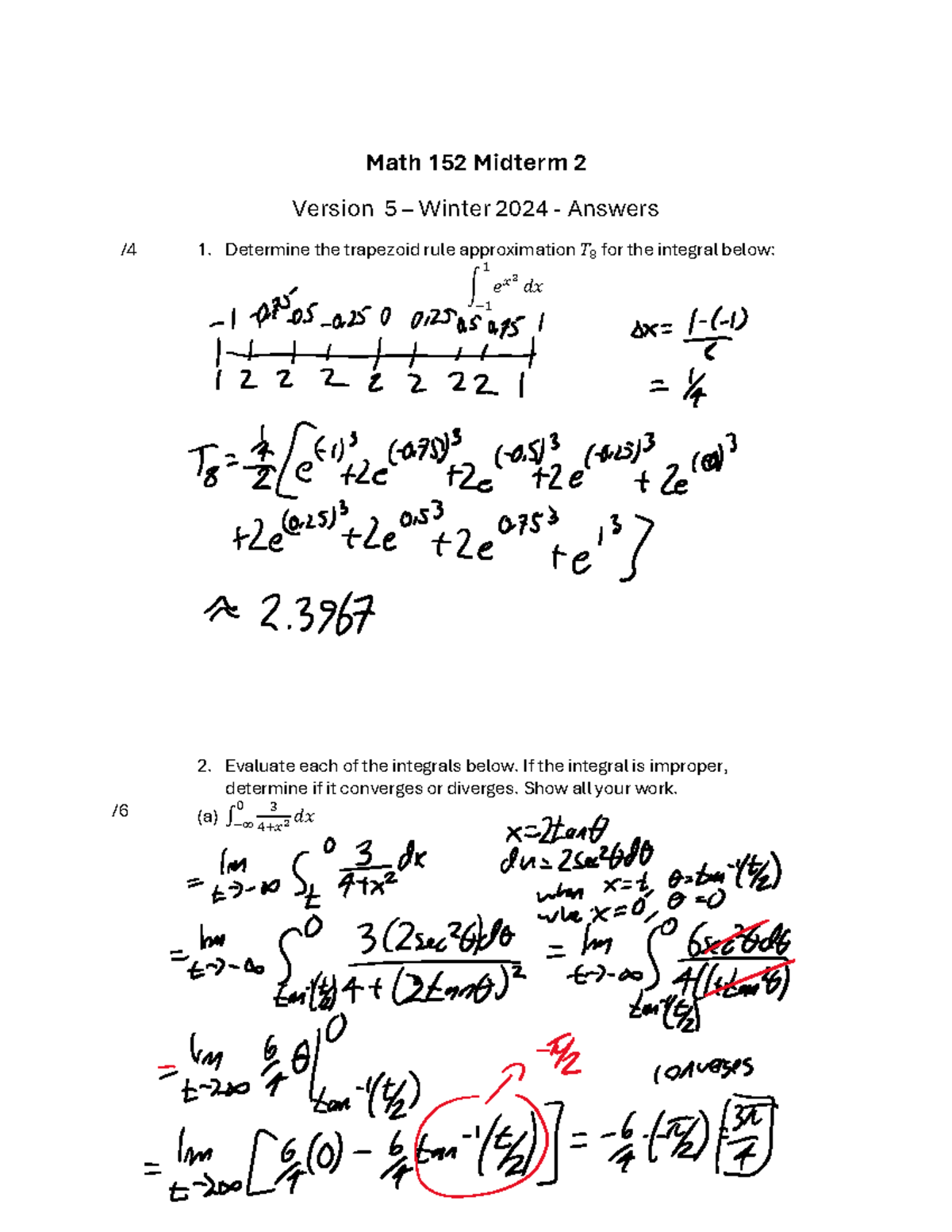 Midterm 2C Answers - Math 152 Midterm 2 Version 5 – Winter 2024 ...