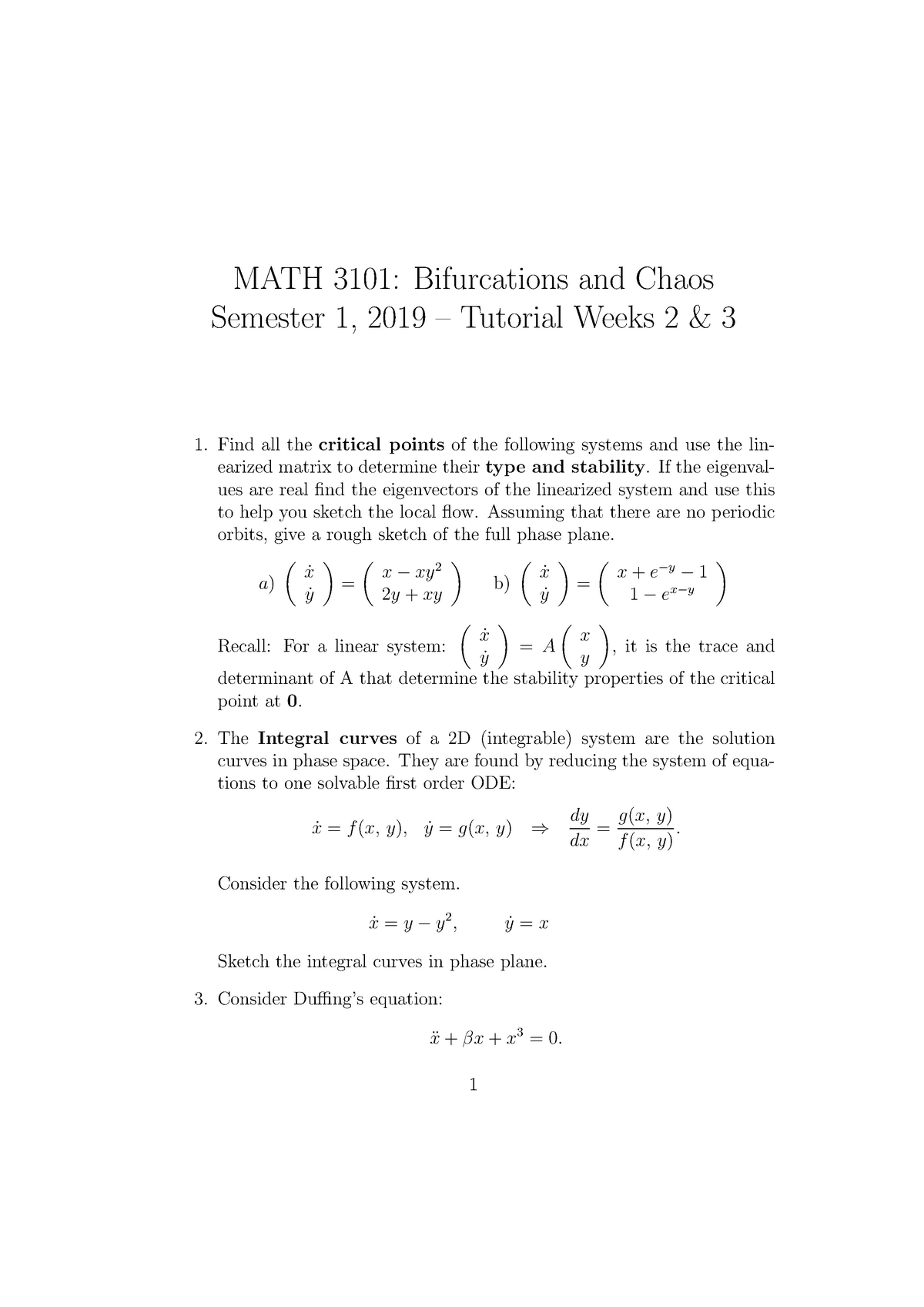 Math3101-t1-19 - 123 - MATH 3101: Bifurcations And Chaos Semester 1 ...