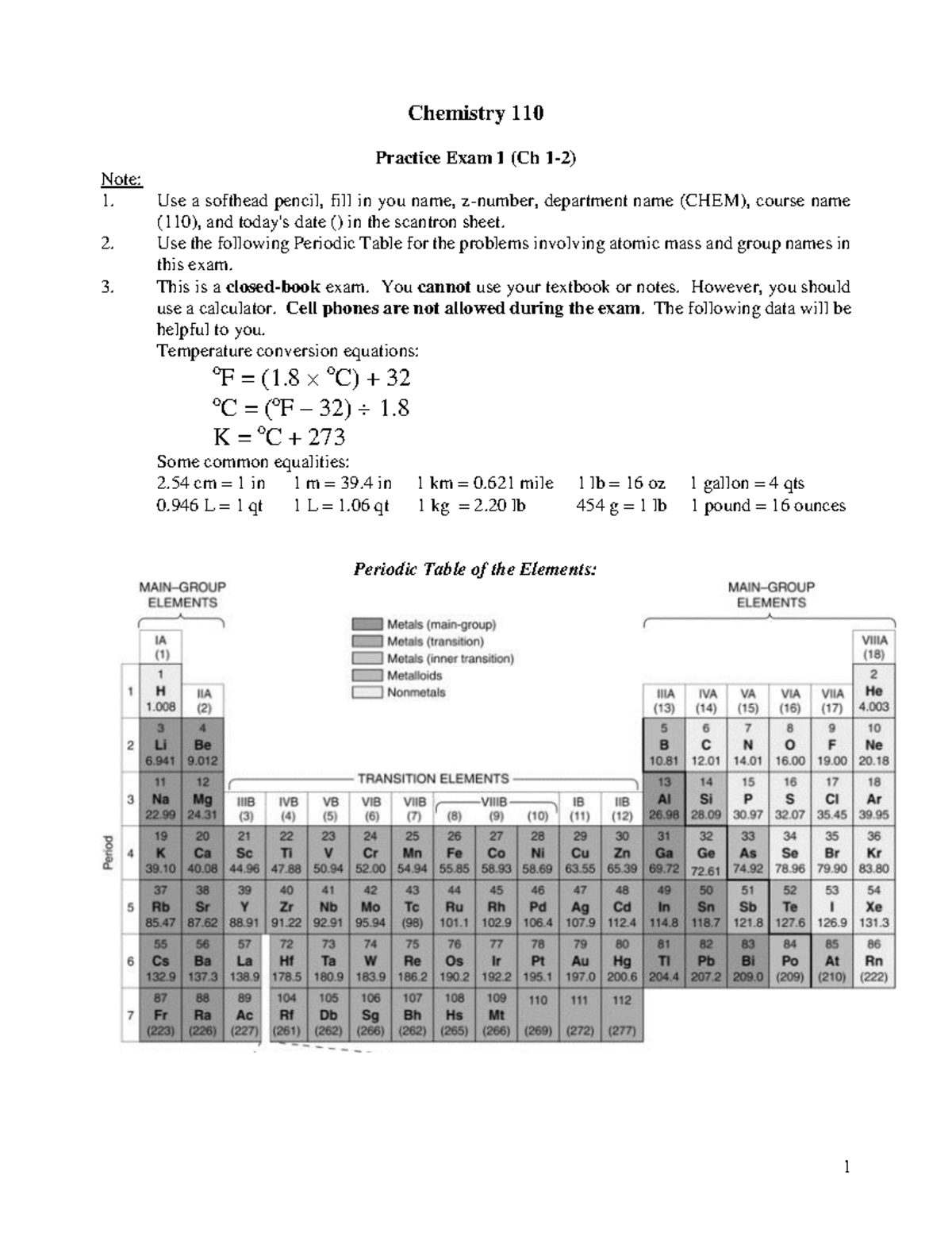 CHEM110-Practice-Exam-1 - 1 Chemistry 110 Practice Exam 1 (Ch 1-2) Note ...