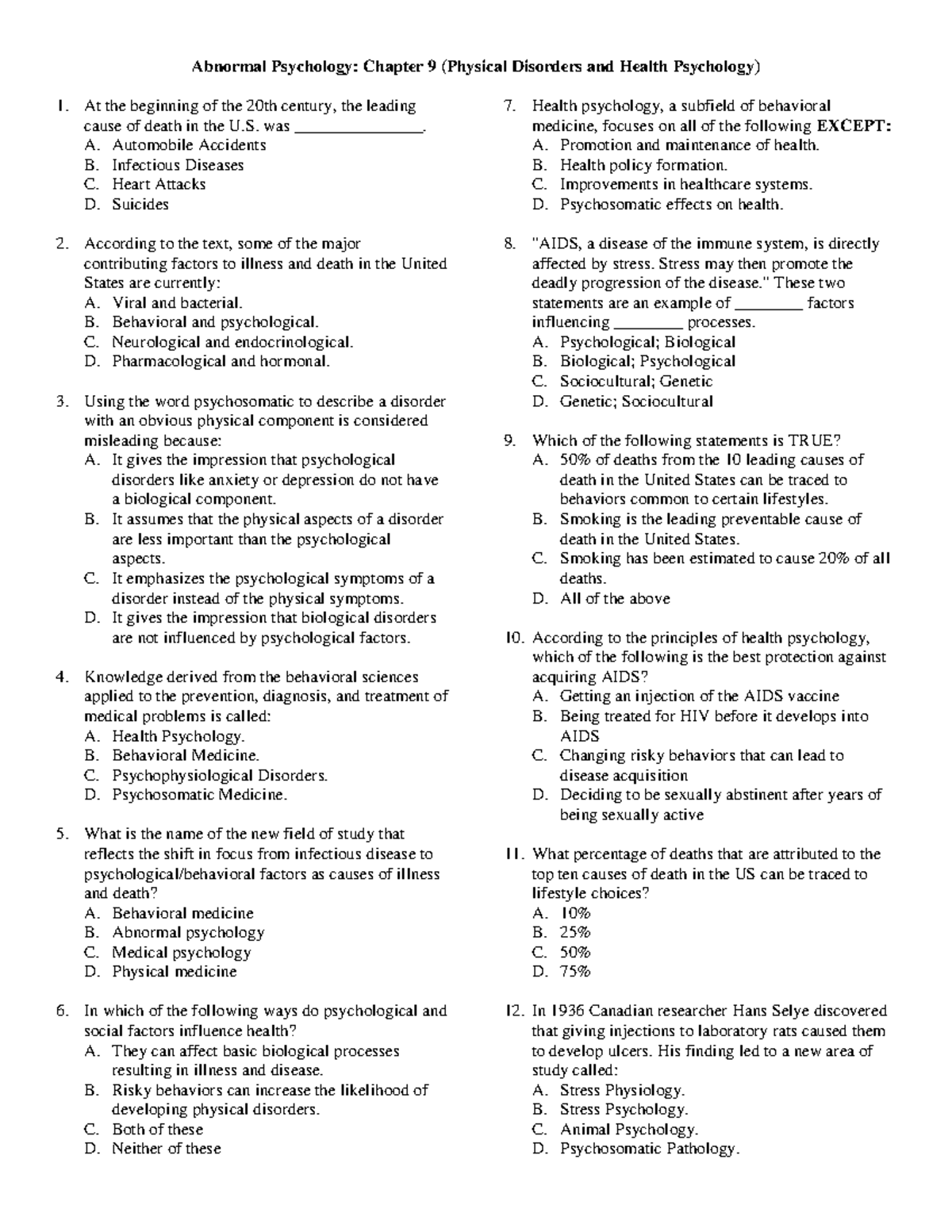 Abnormal Psychology Ch 9 - Abnormal Psychology: Chapter 9 (Physical ...