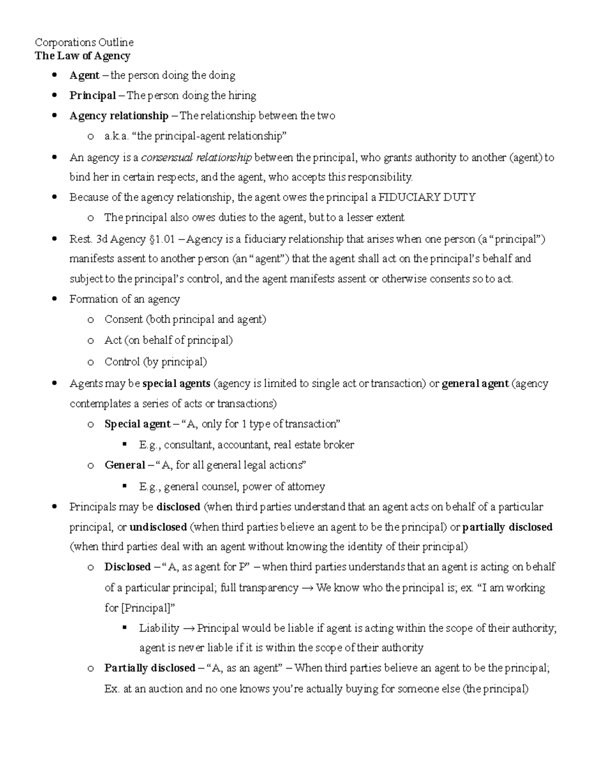 A Corporations Outline (2018) The Law of Agency Agent the person