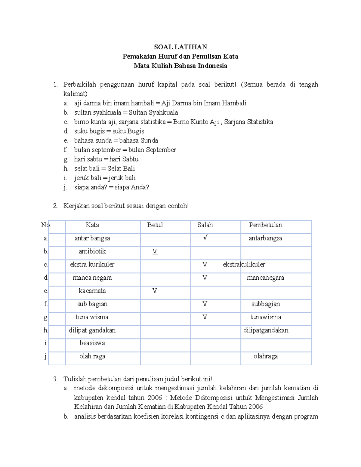 Bahasa Indonesia - SOAL Latihan Huruf DAN KATA - SOAL LATIHAN Pemakaian ...