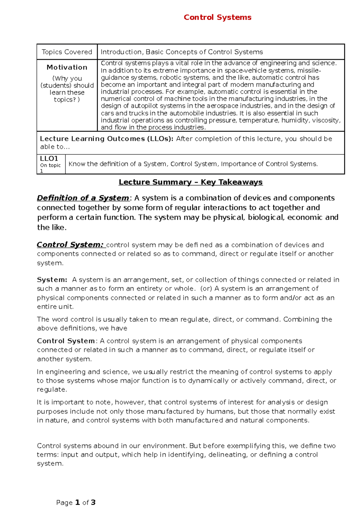 Introduction, Basic Concepts of Control Systems Control Systems