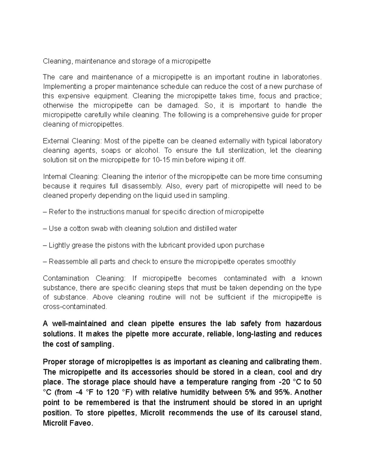 Micro pipette lab Cleaning, maintenance and storage of a