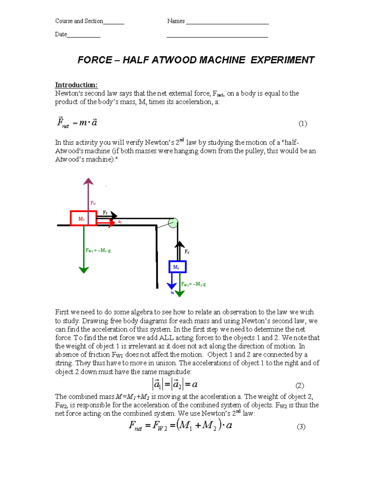 Lab 3 force summer 2011 Course and Names FORCE HALF ATWOOD MACHINE