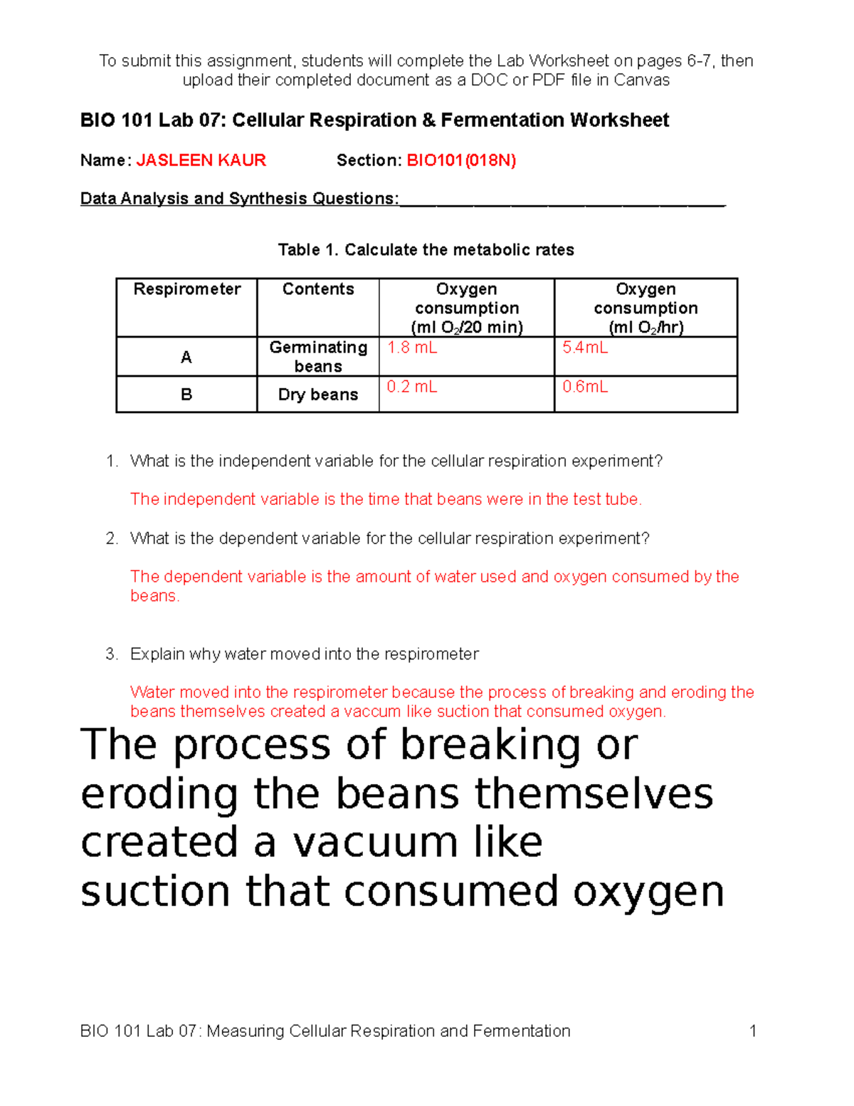 BIO 101 Lab 07 Cellular Respiration And Fermentation Oct 2021 BIO 