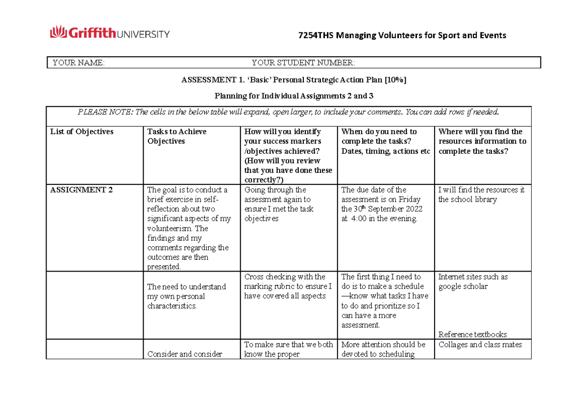 A1 Basic Personal Action Plan format 2 - YOUR NAME: YOUR STUDENT NUMBER ...