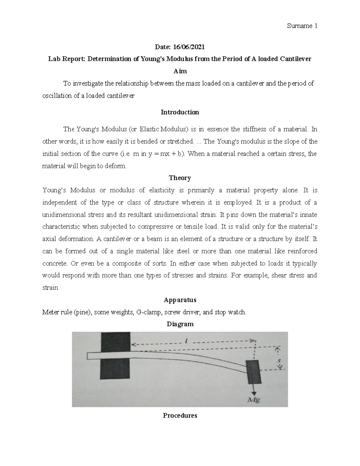 determination of young's modulus the cantilever experiment report