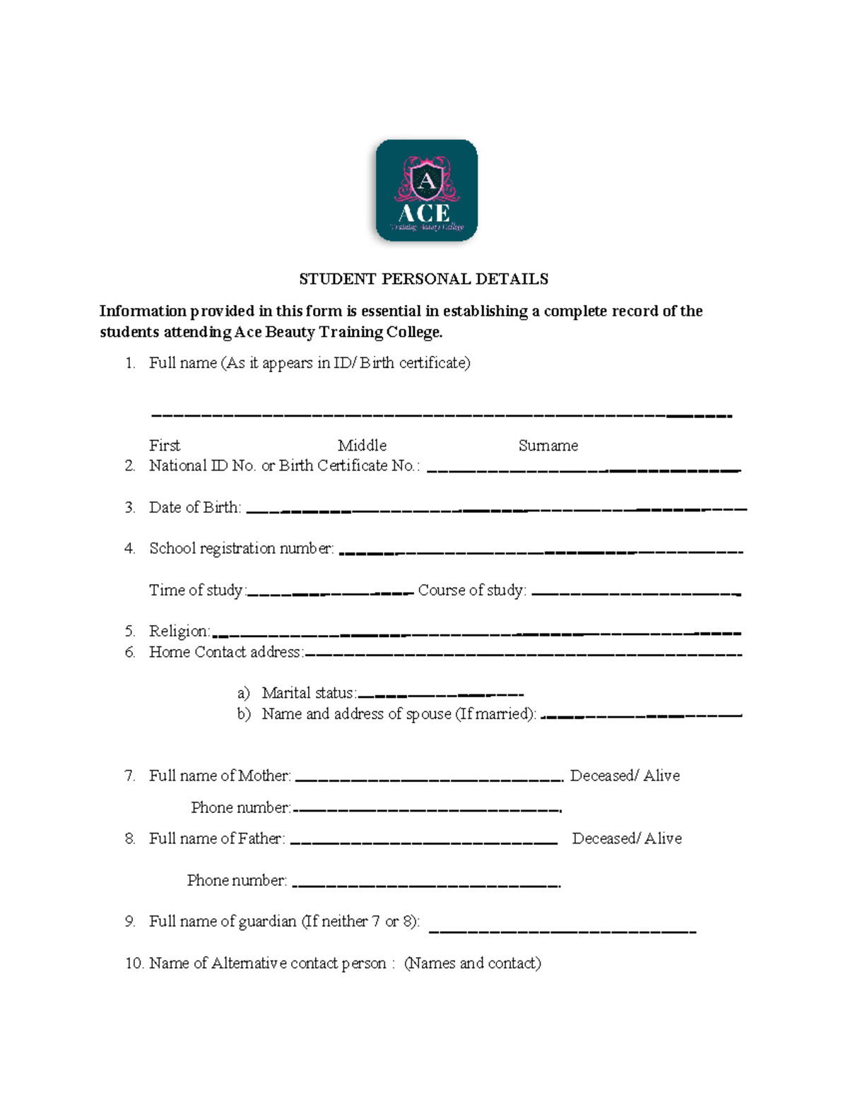 Student Registration FORM - STUDENT PERSONAL DETAILS Information ...