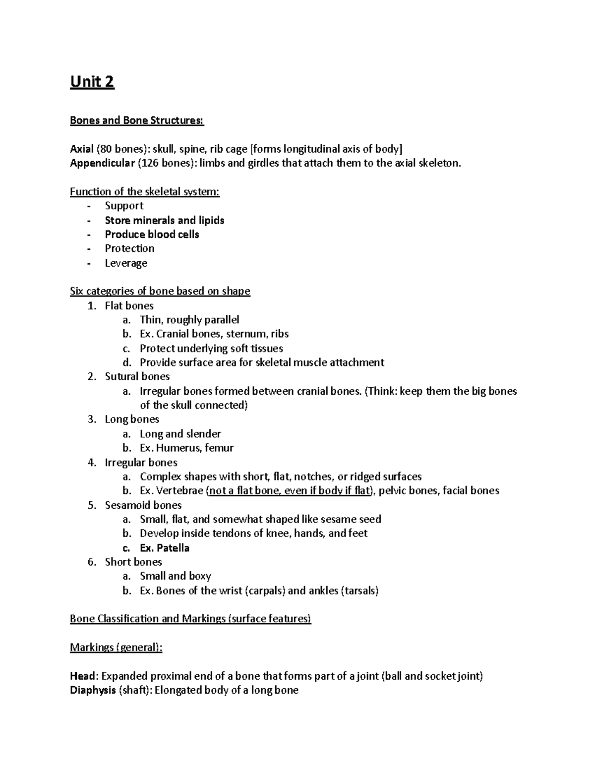 Unit 2 Anatomy and Physiology Unit 2 Bones and Bone Structures