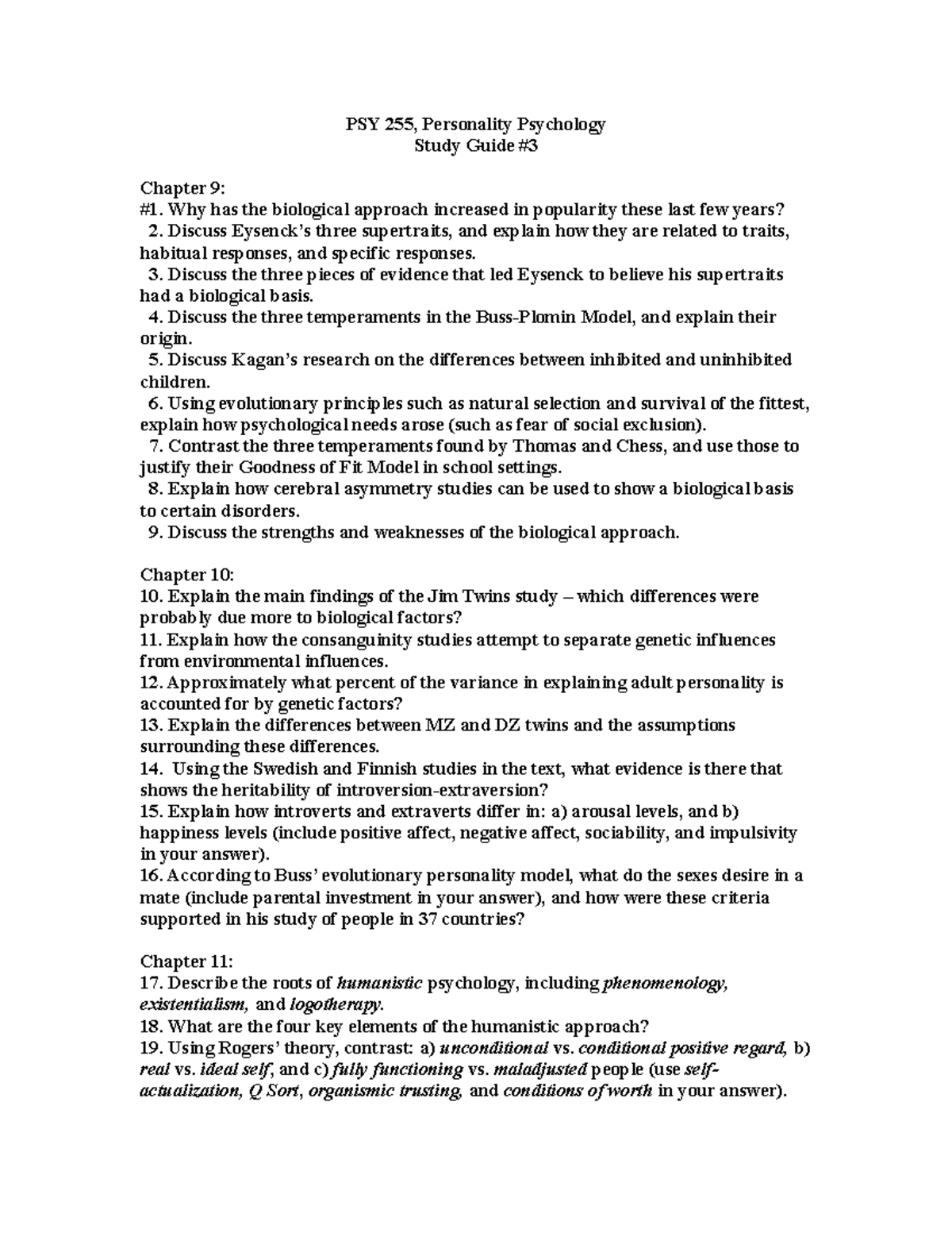 PSY 255, Study Guide #3, Fall, 2022 - PSY 255, Personality Psychology ...