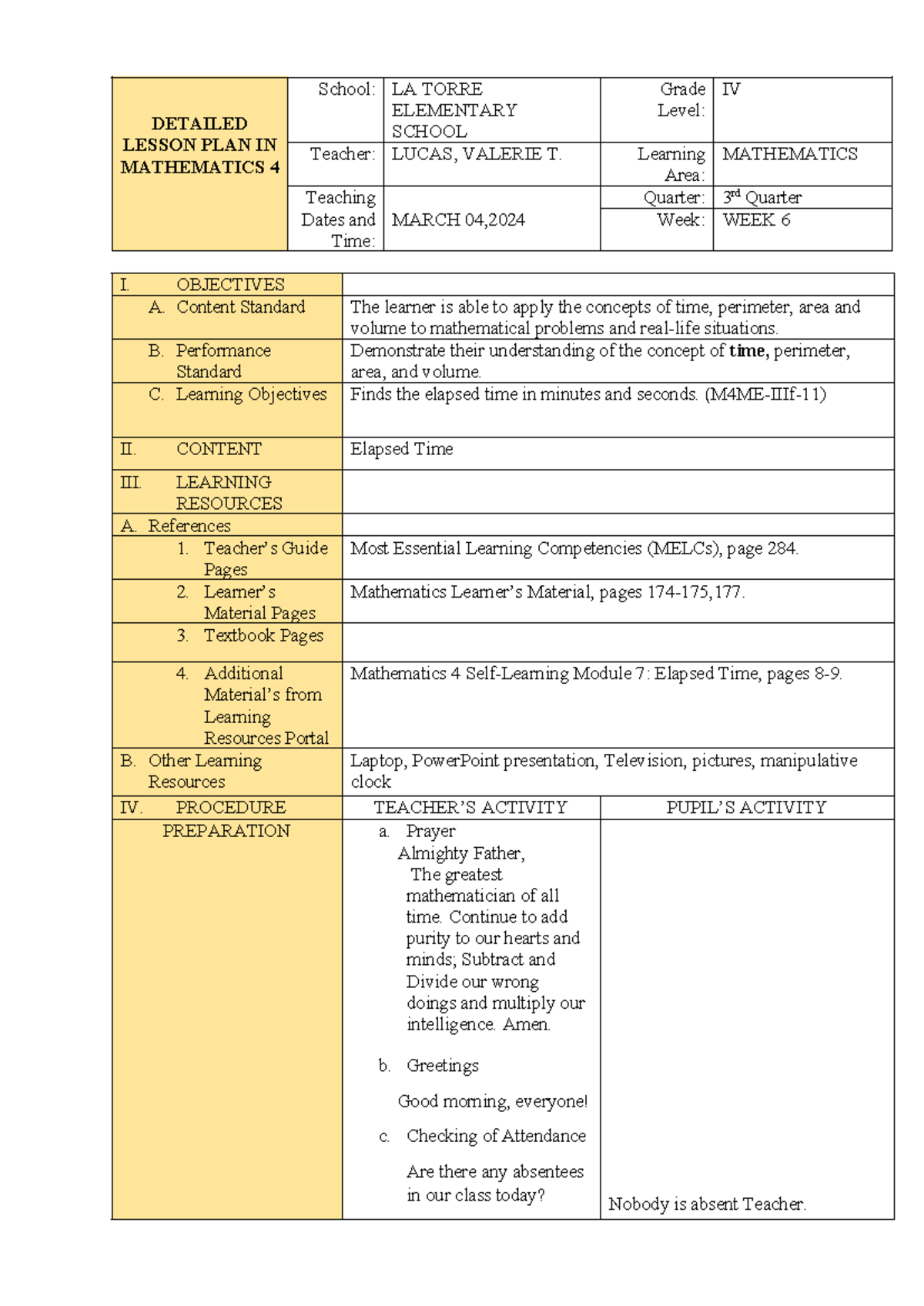 Mathematics 4 straight teaching day 1 - DETAILED LESSON PLAN IN ...