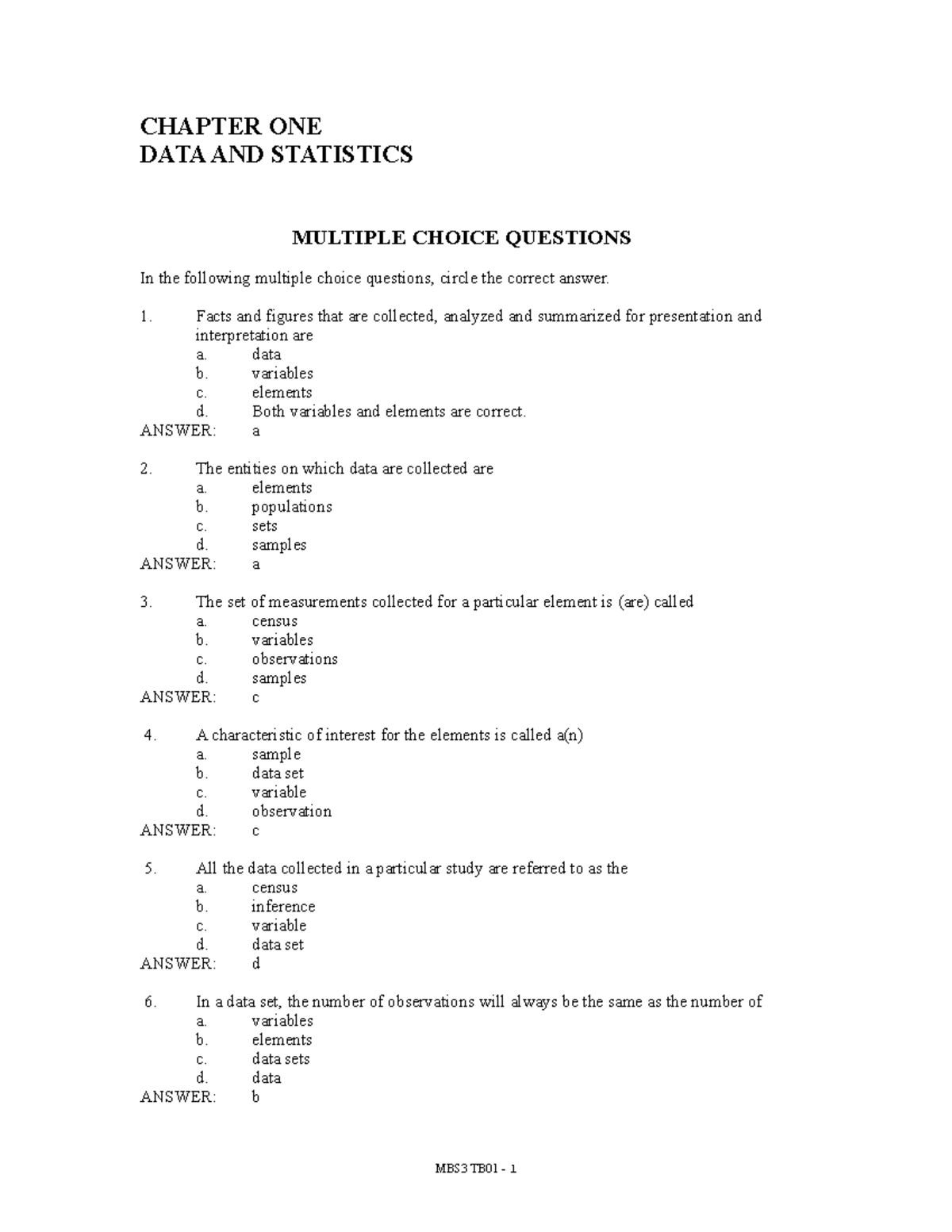 Data and Statistics Multiple Choice Questions - Studocu