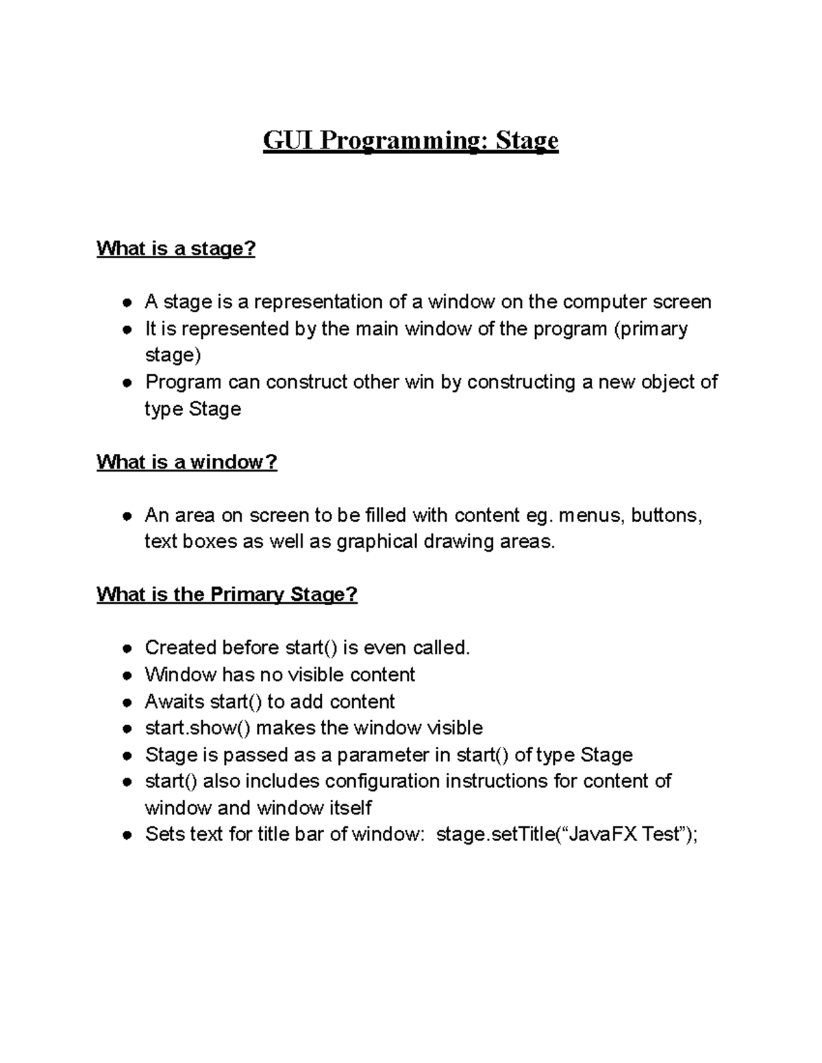 GUI Programming: Stage - GUI Programming: Stage What is a stage? A ...