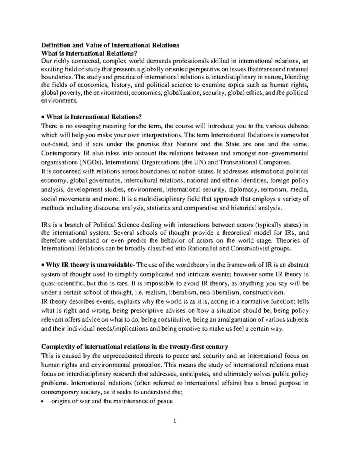 1. Topic ONE IR- Definition and Value of International Relations - 1 ...