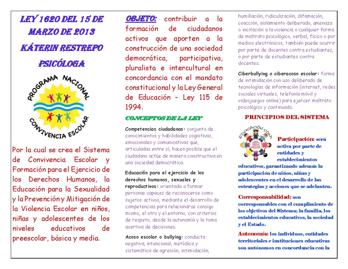 Plegable LEY 1620 DE Convivencia Escolar Colombia - LEY 1620 DEL 15 DE ...