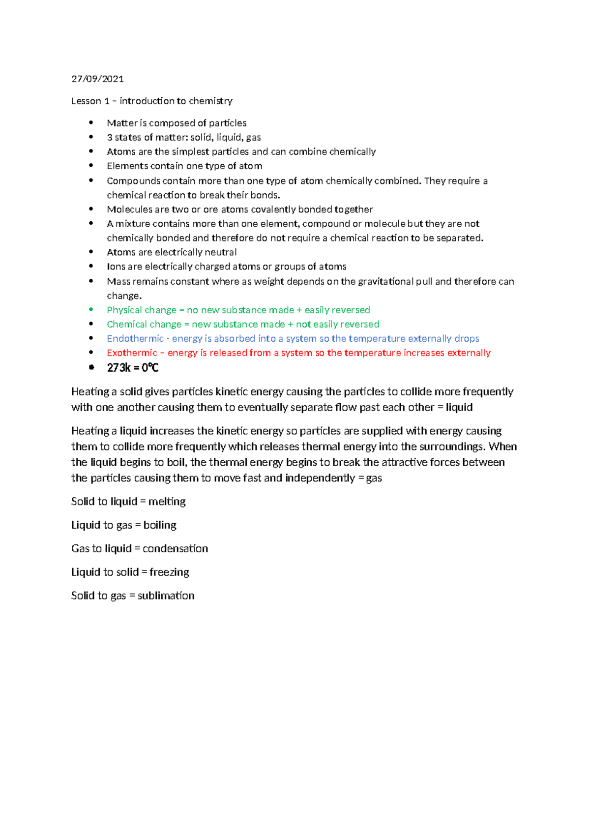 Chem Lesson 1 - 27 09  Lesson 1 – Introduction To Chemistry Matter Is 