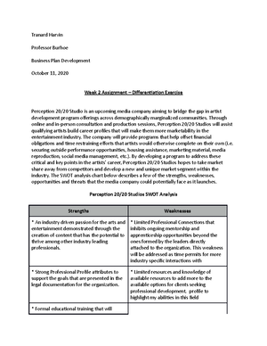Week 2 Assignment – Business Plan Assignment - Tranard Harvin Professor ...