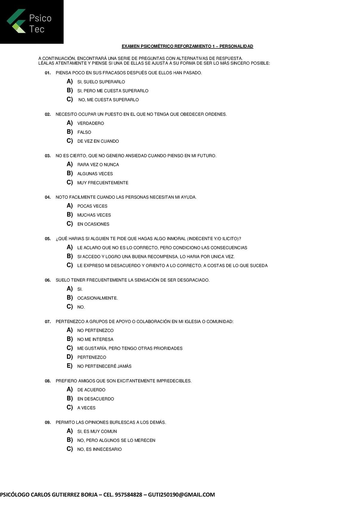 Psicometrico - Personalidad REF 1 - B - EXAMEN PSICOMÉTRICO ...