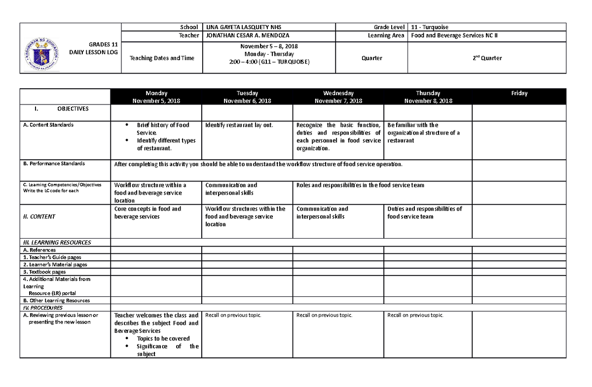 FBS - W1 - cqcqecqew - GRADES 11 DAILY LESSON LOG School LINA GAYETA ...