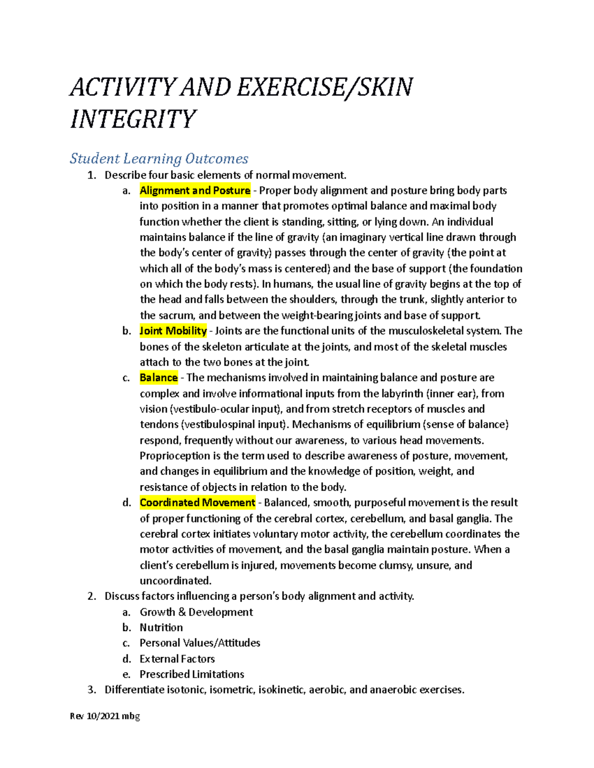Activity Exercise Skin Learning Study Guide - ACTIVITY AND EXERCISE ...