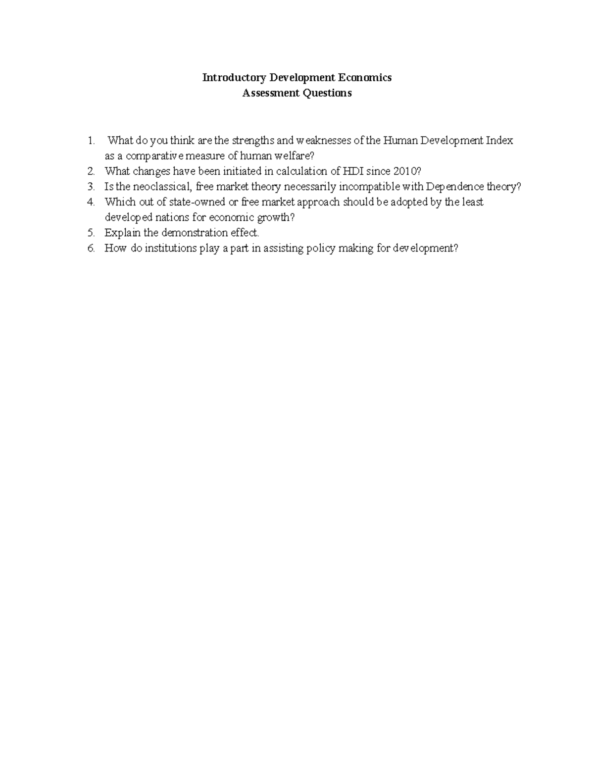 Development eco 1 - Introductory Development Economics Assessment ...