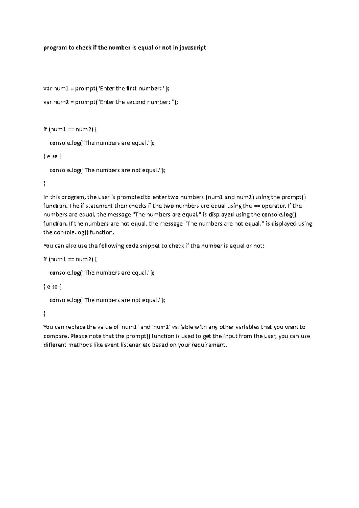 Javascript equal - program to check if the number is equal or not in ...