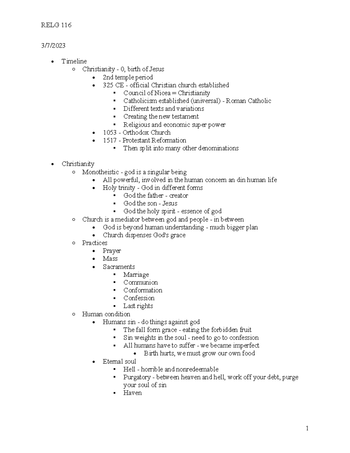 0307 RELG 116 - Class notes - RELG 116 1 3/7/ • Timeline o Christianity ...