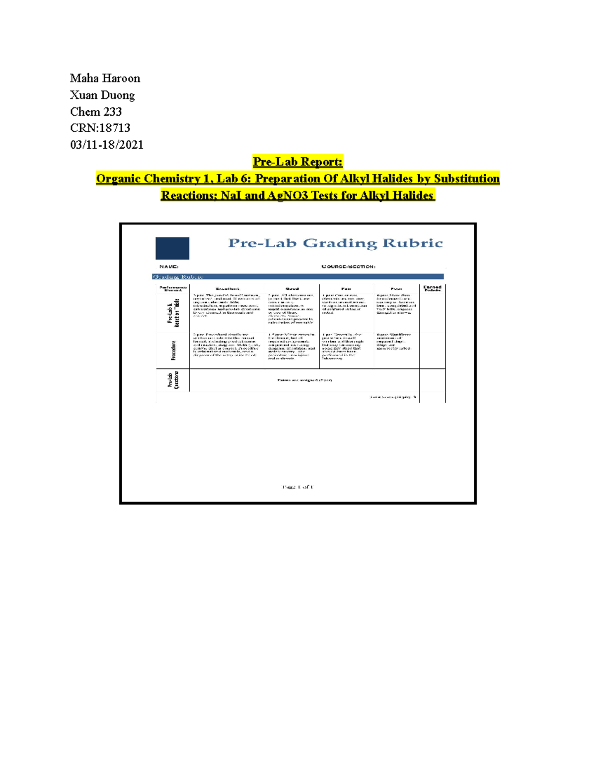 Orgo Pre-lab 6 - Orgo- Lab report - Maha Haroon Xuan Duong Chem 233 CRN ...