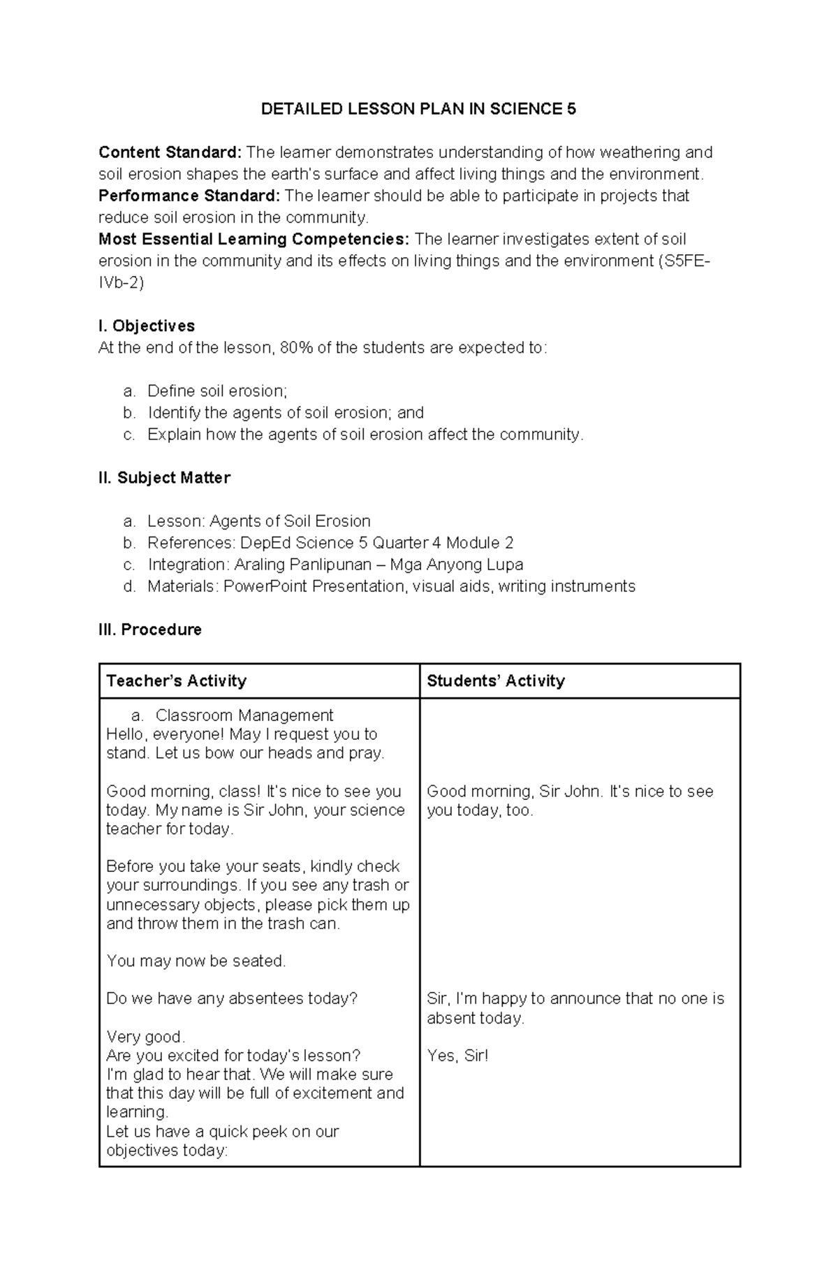 Detailed Lesson PLAN ON SOIL Erosion - DETAILED LESSON PLAN IN SCIENCE ...