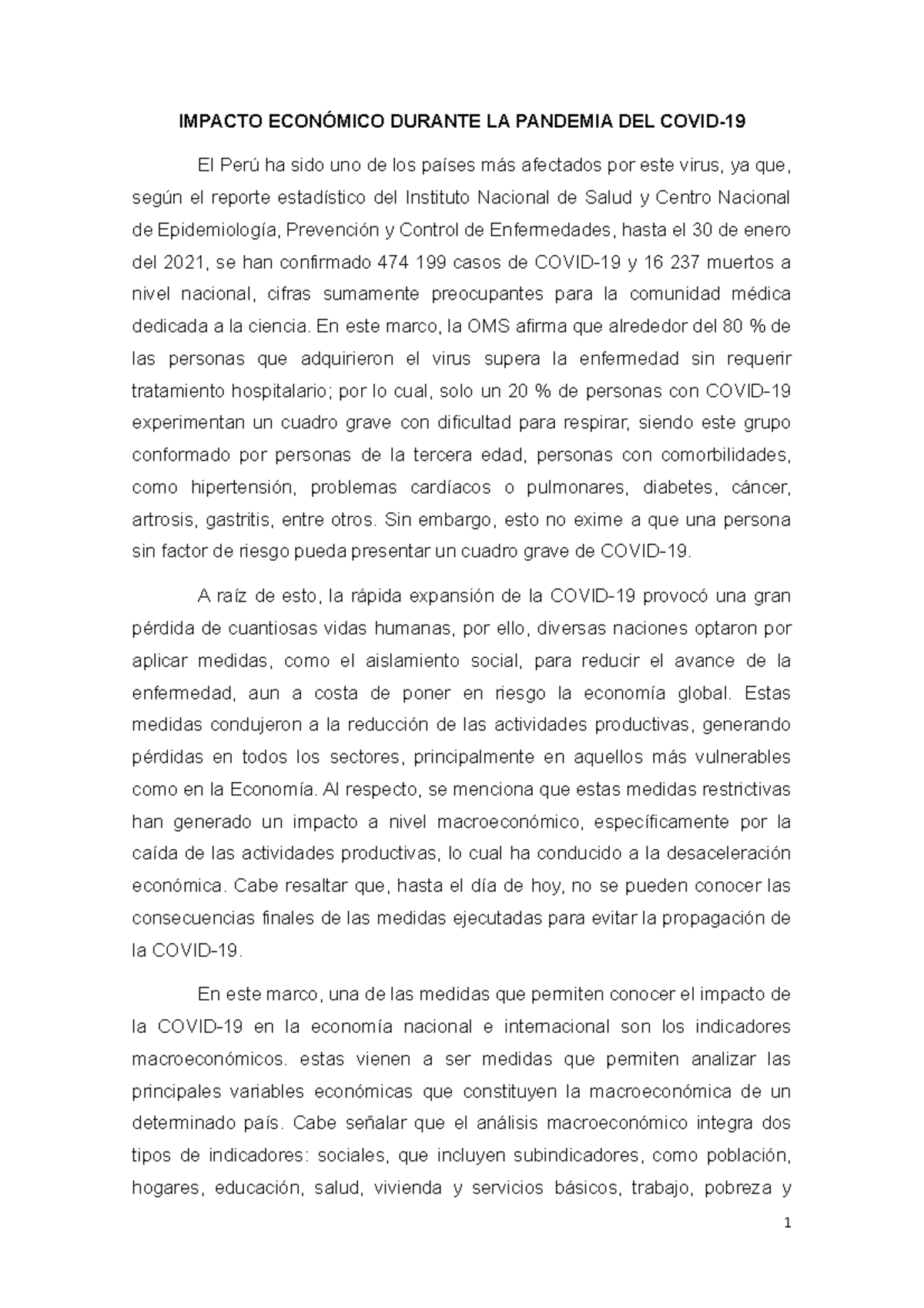 Impacto Económico Durante LA Pandemia DEL Covid Empresarial - IMPACTO ...
