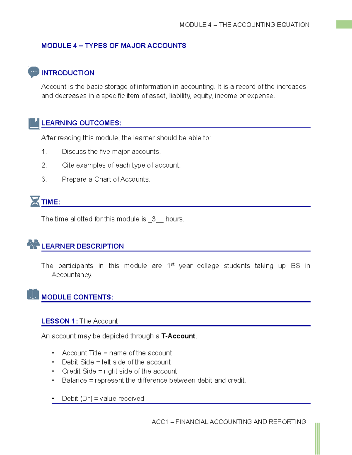 Module 4 - Types Of Major Accounts - MODULE 4 – TYPES OF MAJOR ACCOUNTS ...