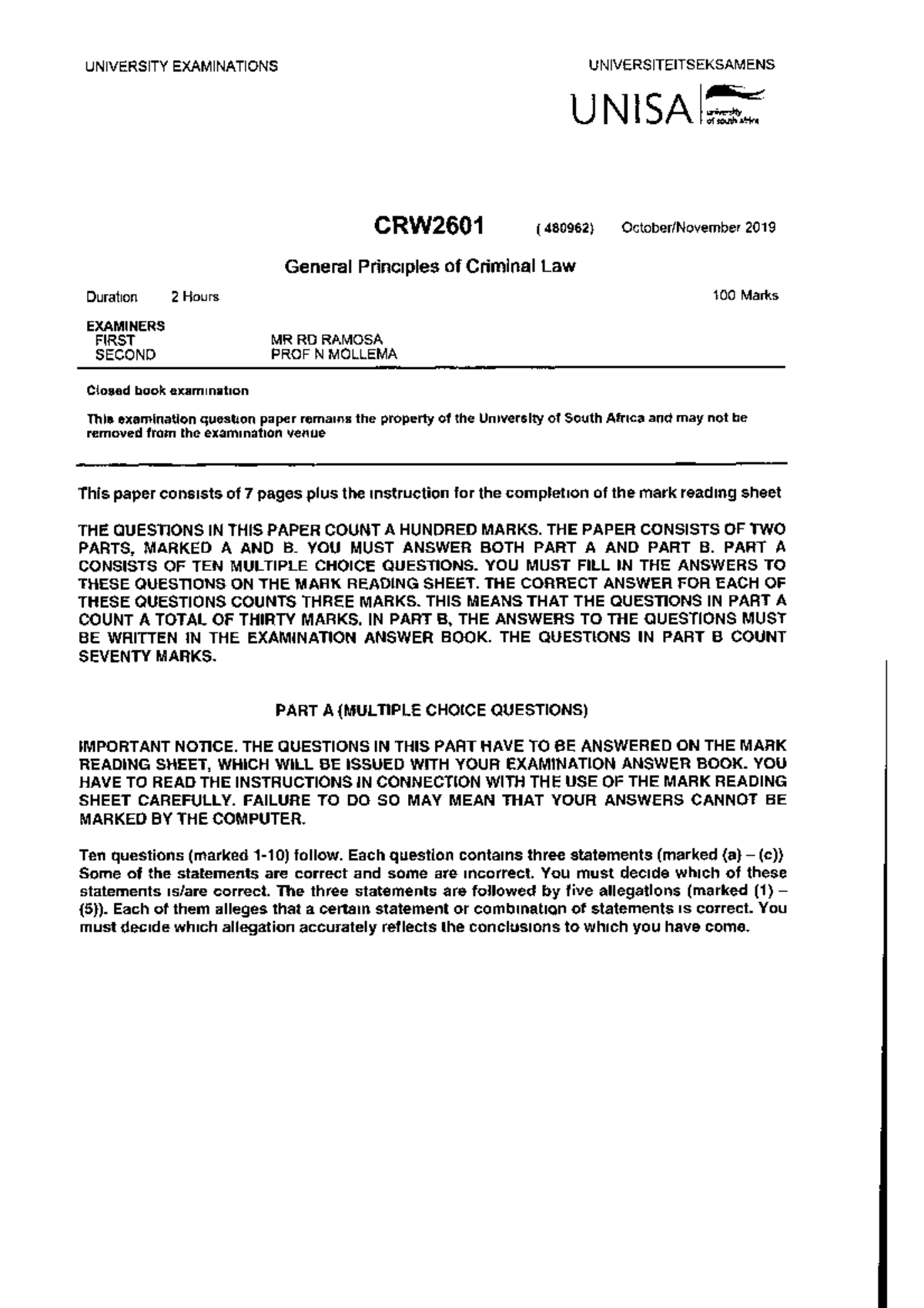 Exam 1 November 2019, questions - CRW2601 - Studocu