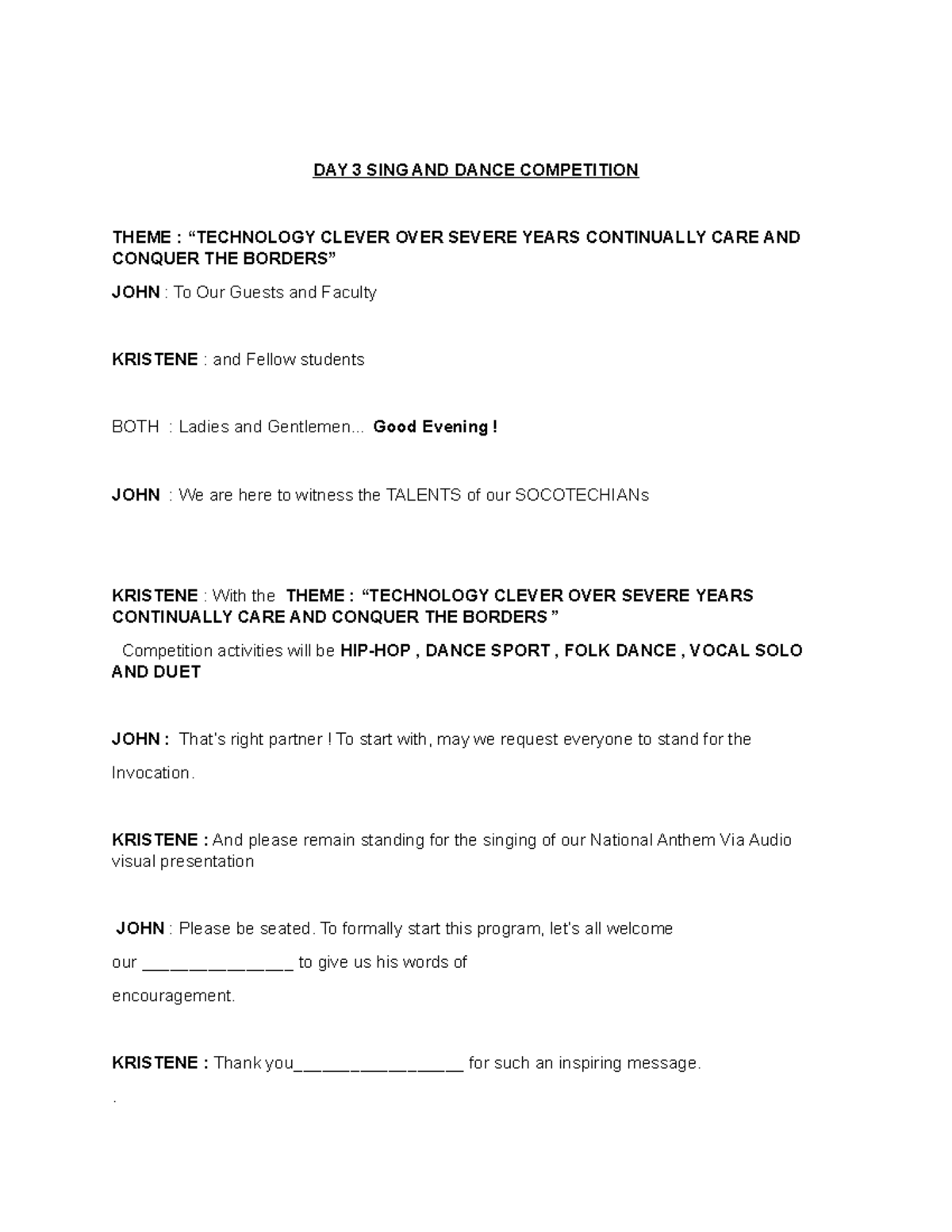 SING AND Dance Compitition - DAY 3 SING AND DANCE COMPETITION THEME ...