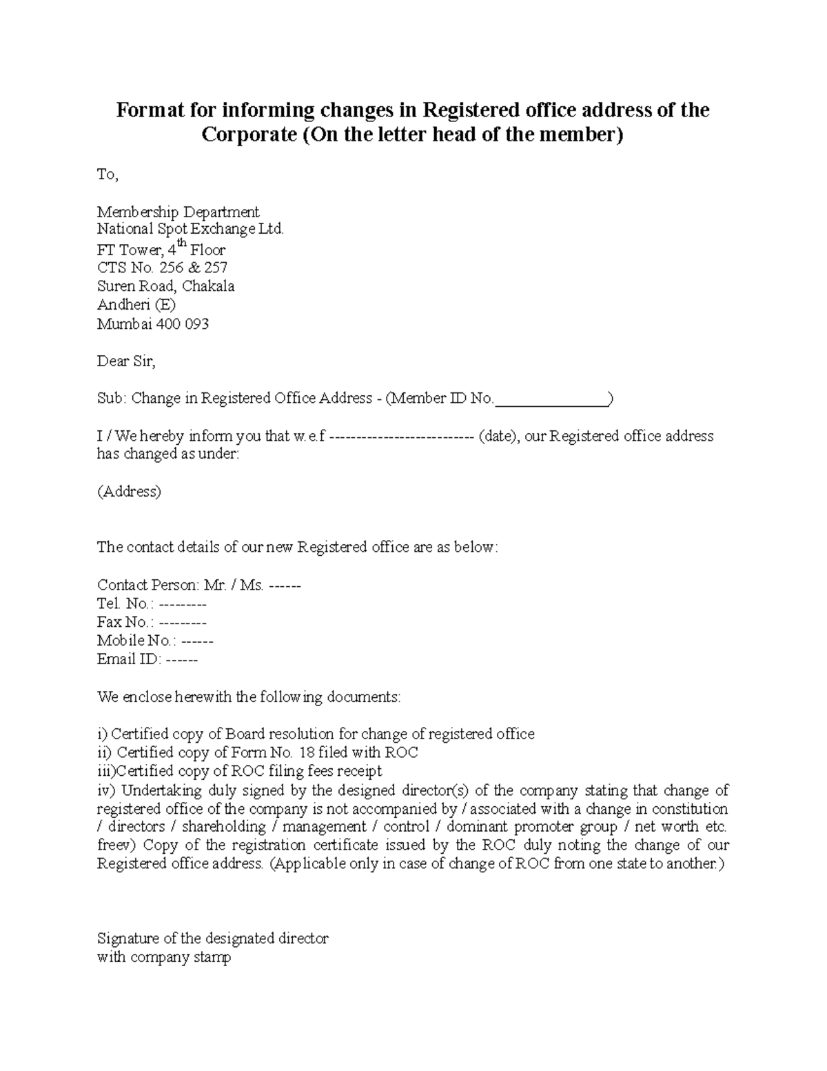 Change of address letter 02 - Format for informing changes in ...