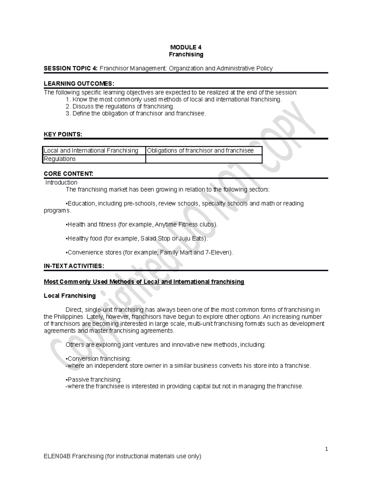 Module 4 ELEN04B - Cba - MODULE 4 Franchising SESSION TOPIC 4 ...