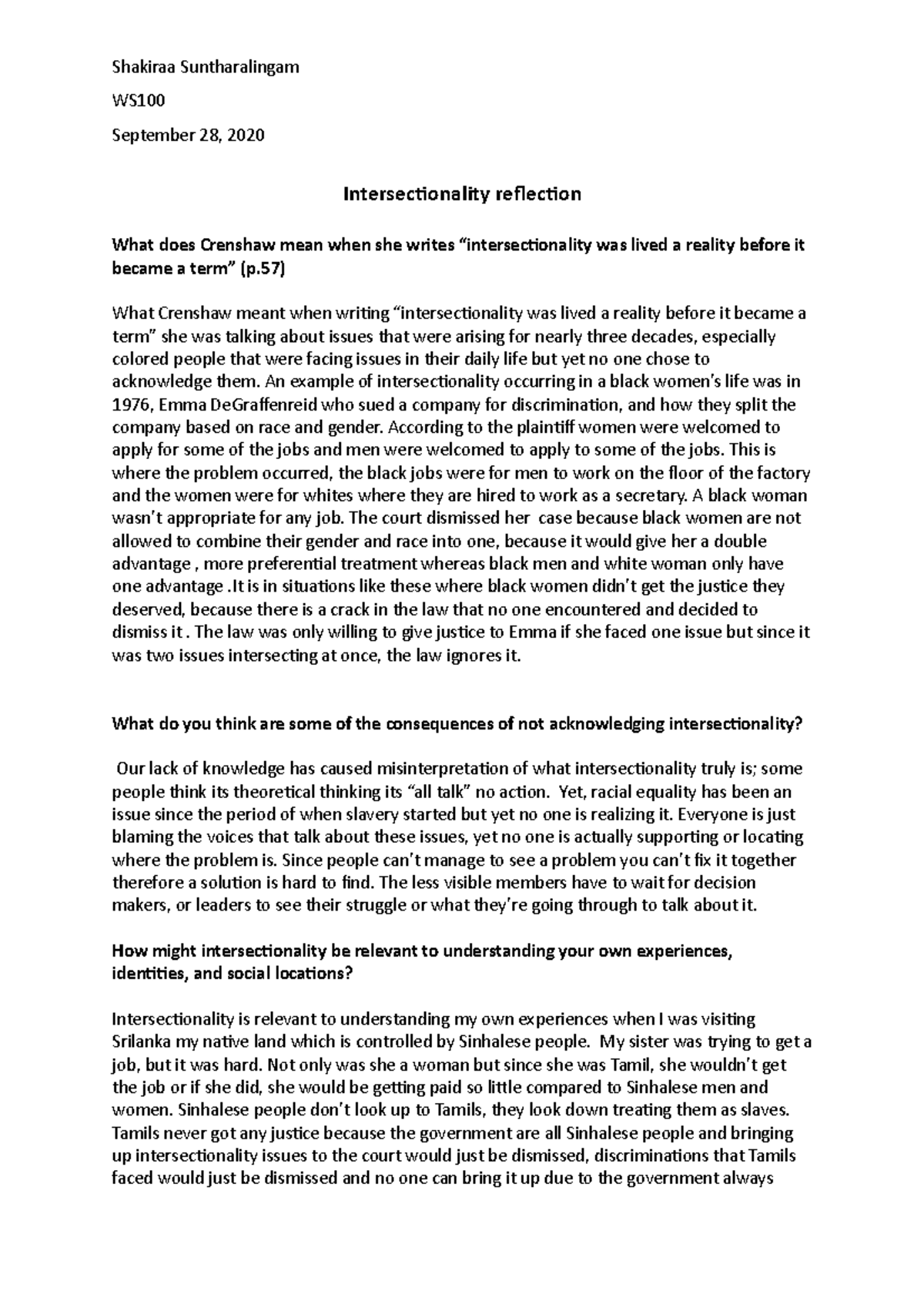 Intersectionality reflection - Shakiraa Suntharalingam WS September 28 ...