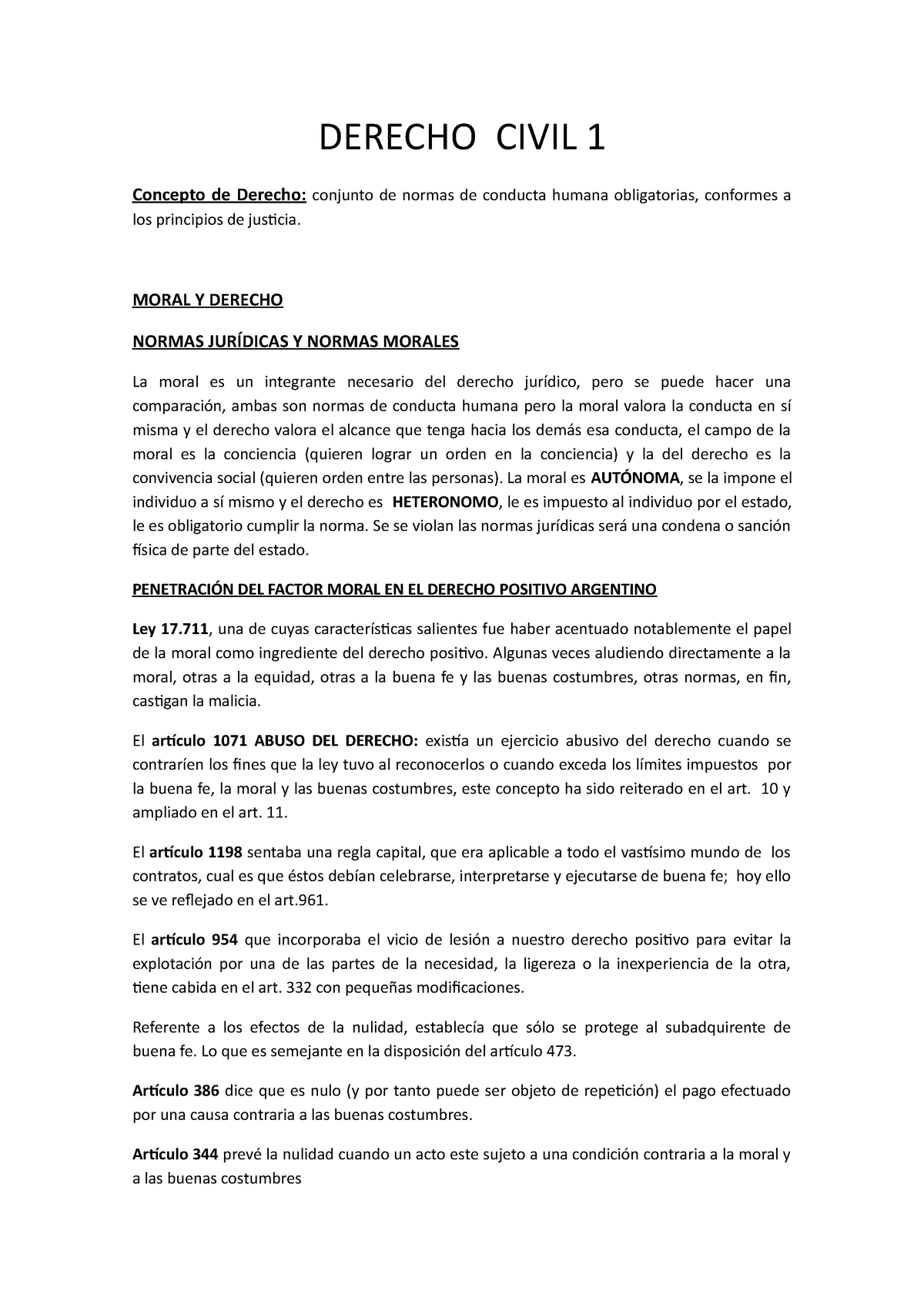 Resumen Primer Parcial - DERECHO CIVIL 1 Concepto De Derecho: Conjunto ...