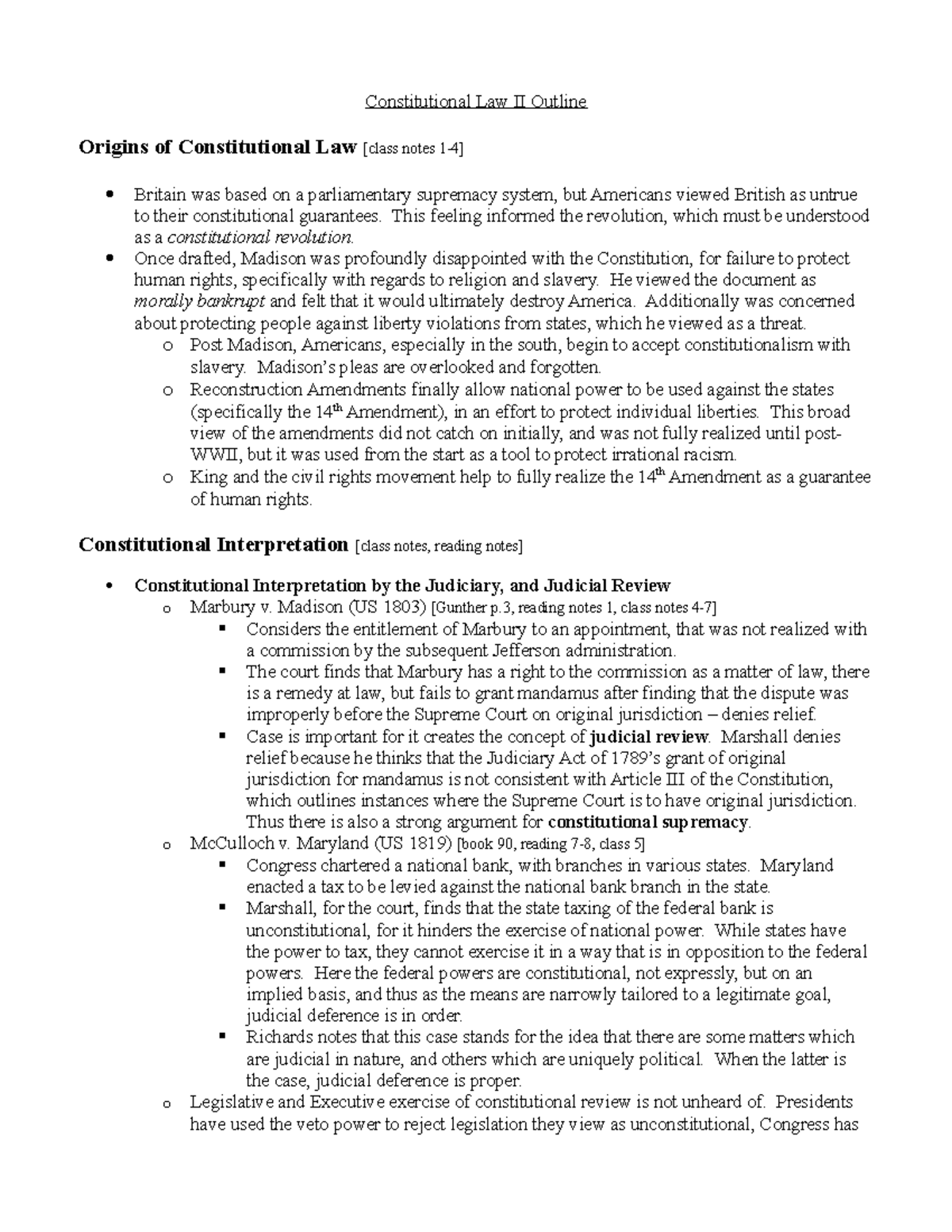 Conlaw - Constitutional Law II - Constitutional Law II Outline Origins ...