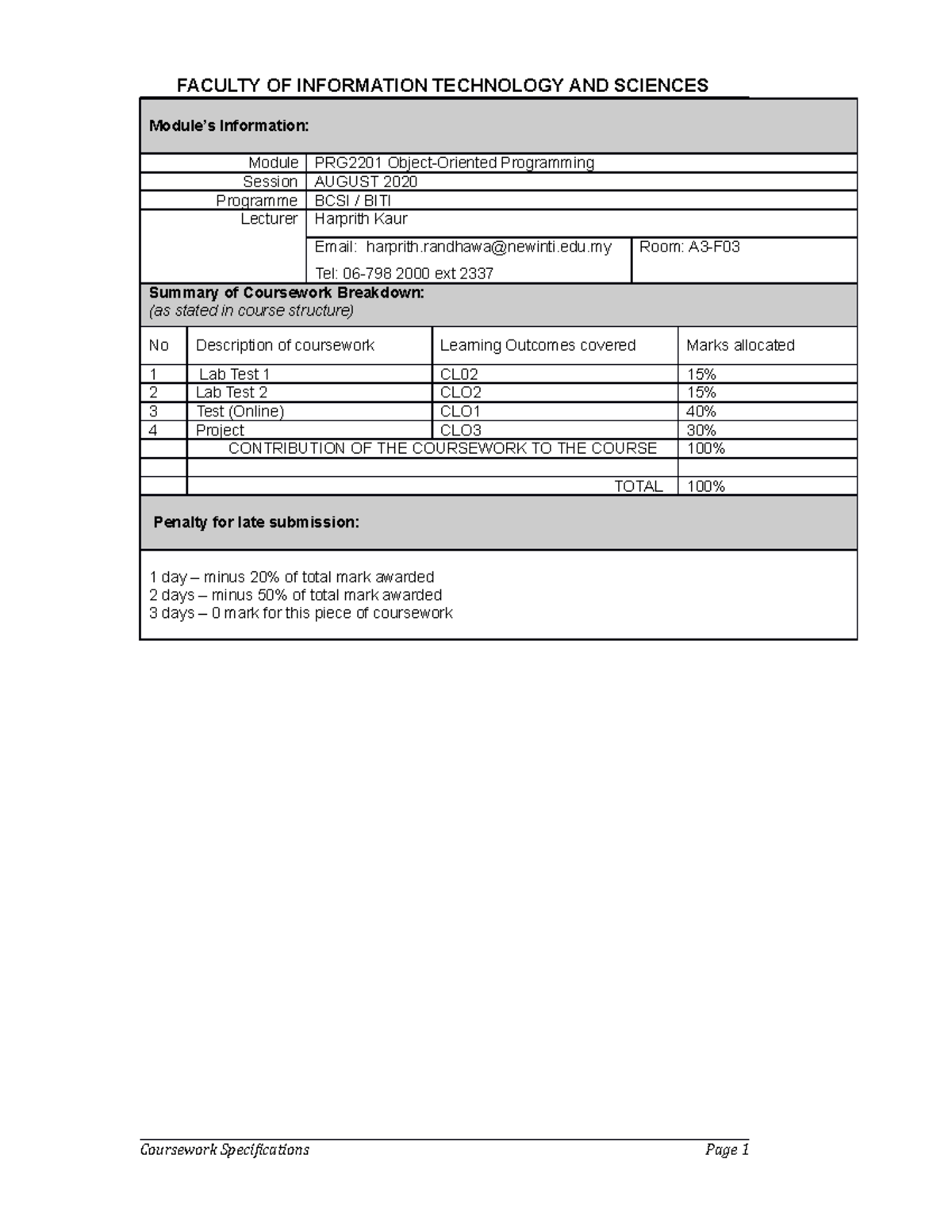 PRG2201 Coursework Specs AUG 2020 - Module’s Information: Module ...