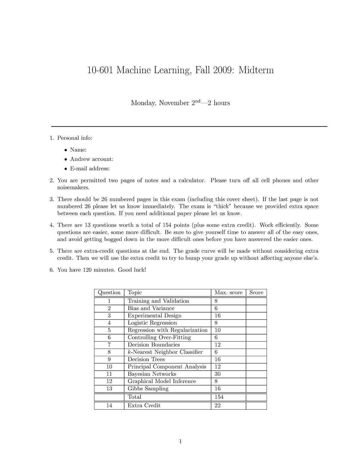 Midterm Sol - Machine Learning - 10-601 Machine Learning, Fall 2009 ...