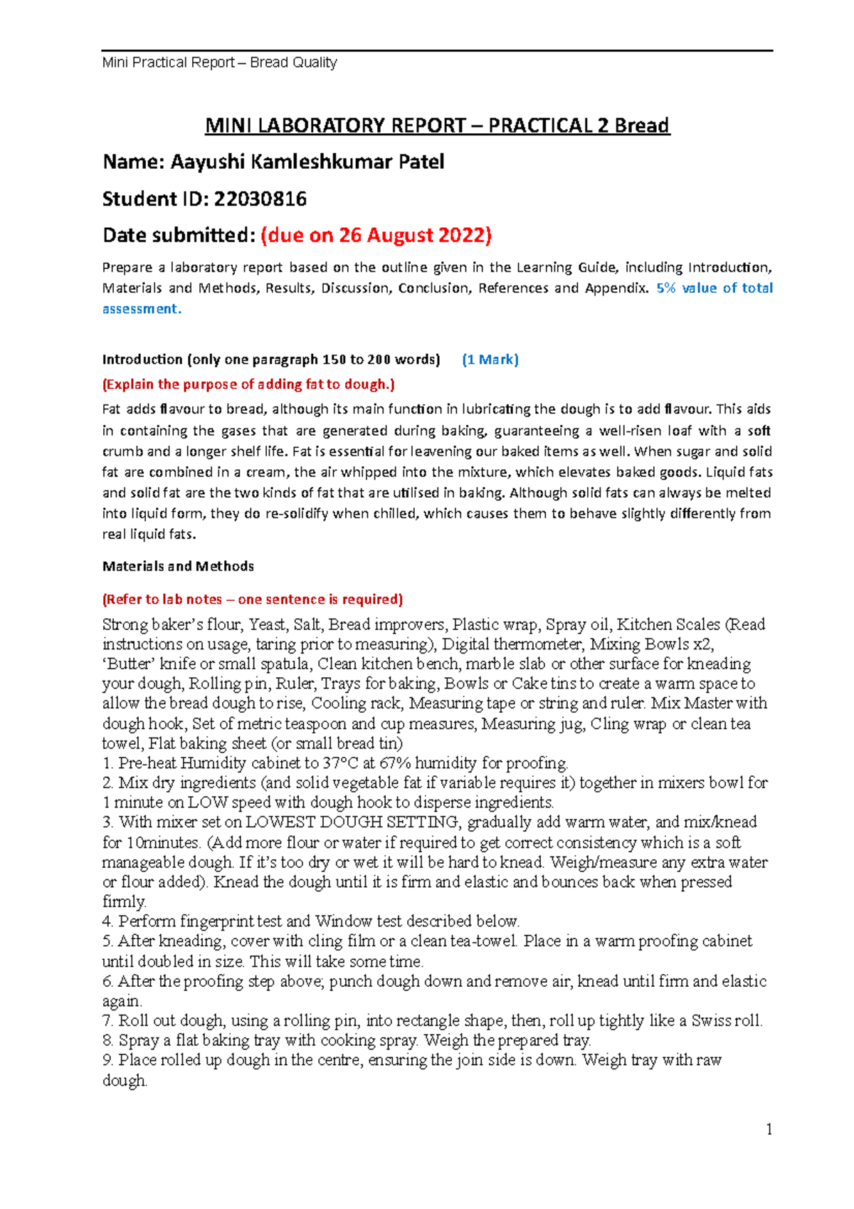 5 Mini lab report Template - Bread Practical PROC1005 and PROC1007 ...