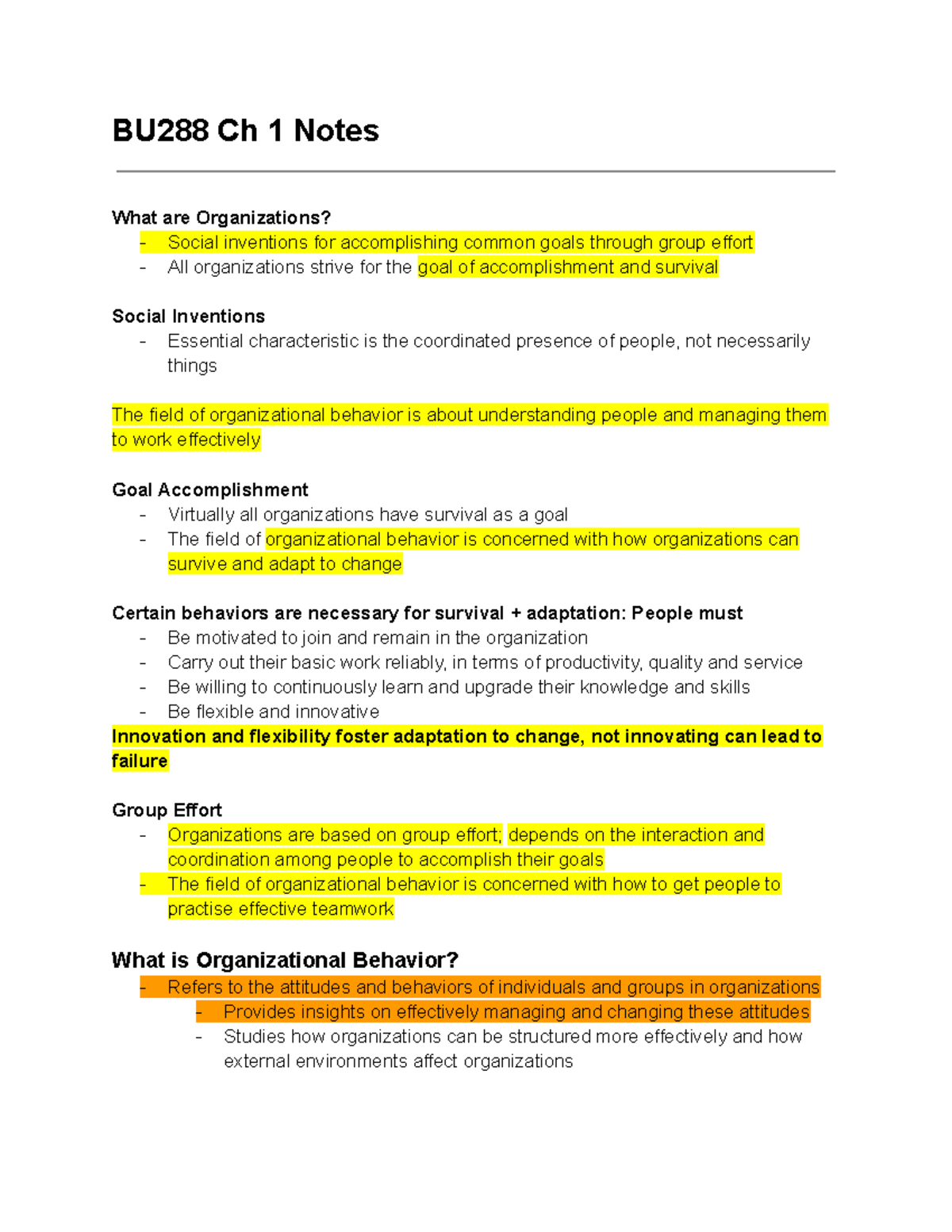 BU288 Chapter 1 Notes - Organizational Behaviour - BU288 Ch 1 Notes ...