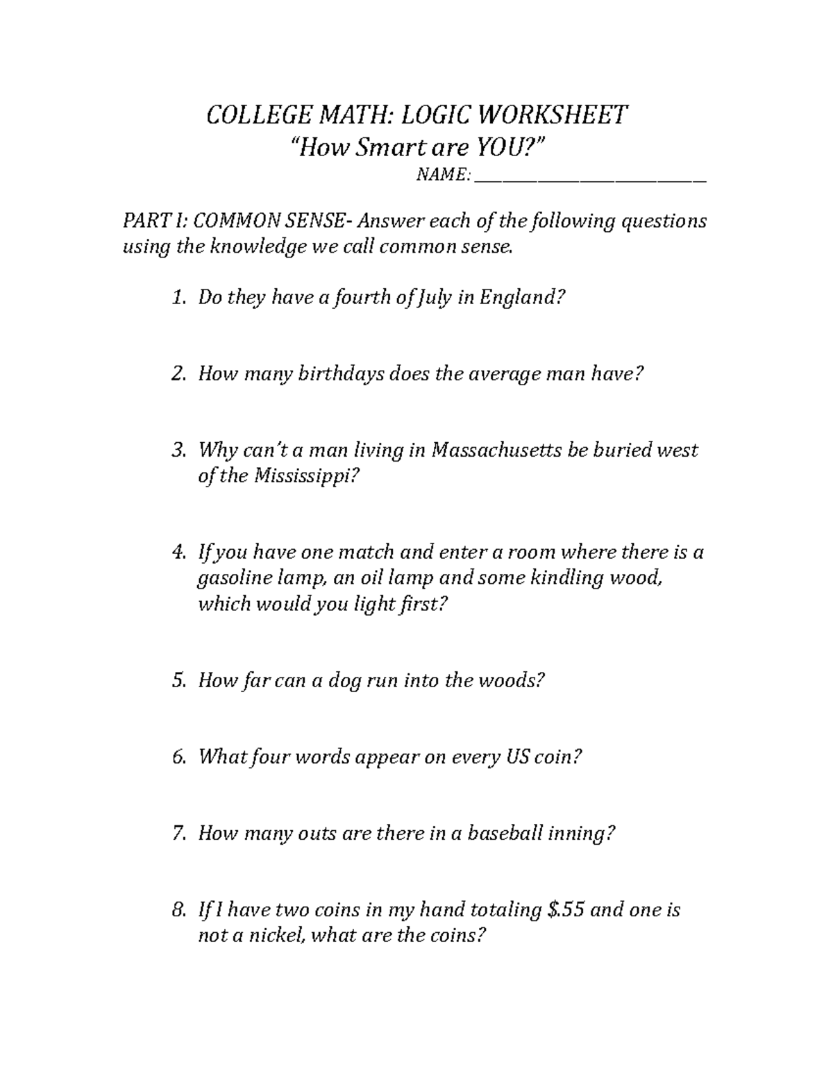 College MATH Logic Worksheet 1 2 for math - FML - 200 - D1 - Studocu